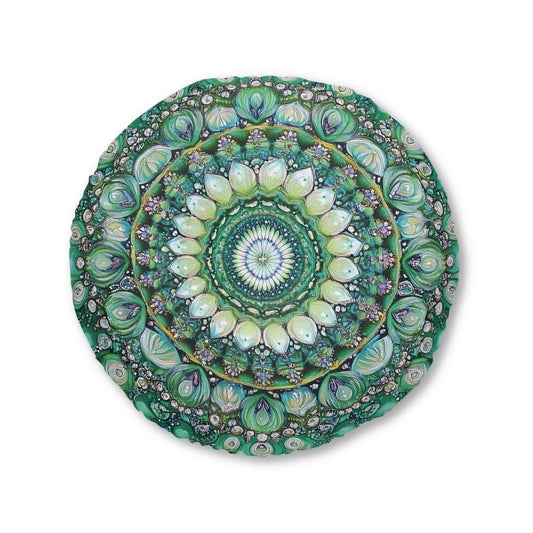 Beautiful Green Mandala Round Tufted Floor Pillow – Perfect Meditation Cushion in 26" x 26" and 30" x 30" Sizes