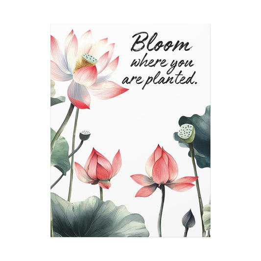 Inspirational Canvas Print - "Bloom Where You Are Planted" with Pink Lotus Flower Illustration | Motivational Wall Art